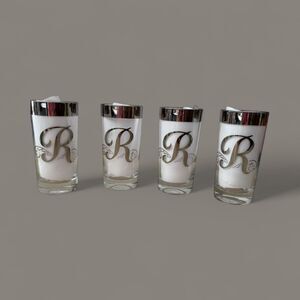 Set of 4 Vintage Silver Rim Highball Glasses Monogram R MCM Barware 5.5"
